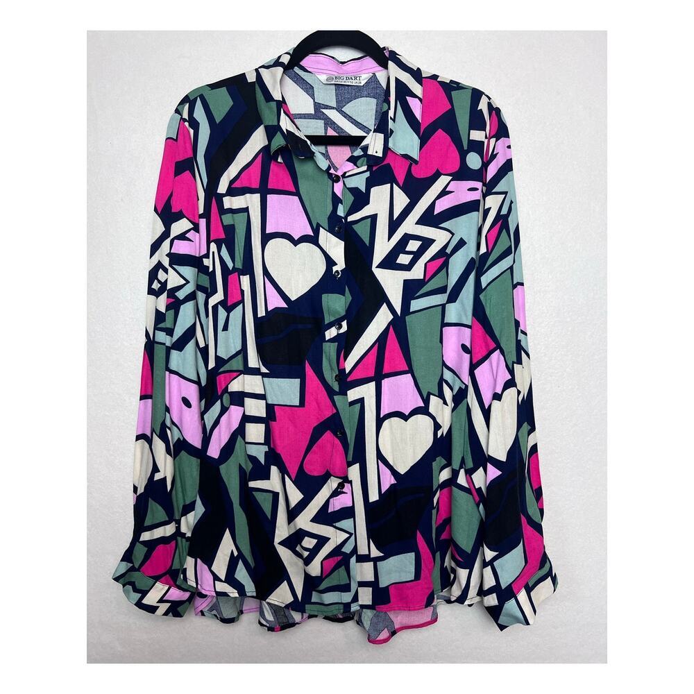 Big Dart Women's Button Up Pink Heart Abstract Long Sleeve Size EUR 54 US 2X